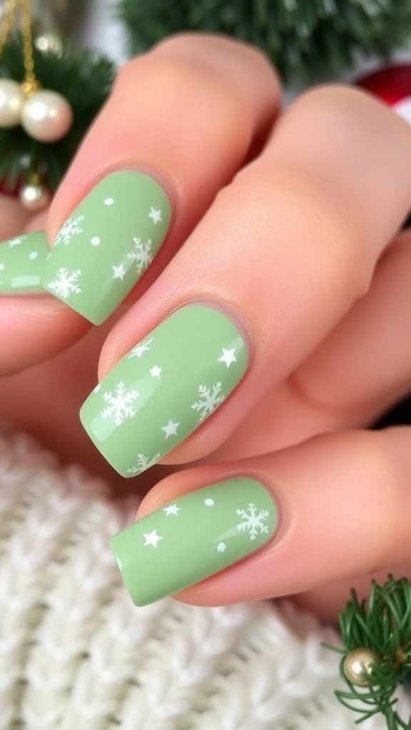 Minimalist green Christmas nails with snowflakes and stars design.
